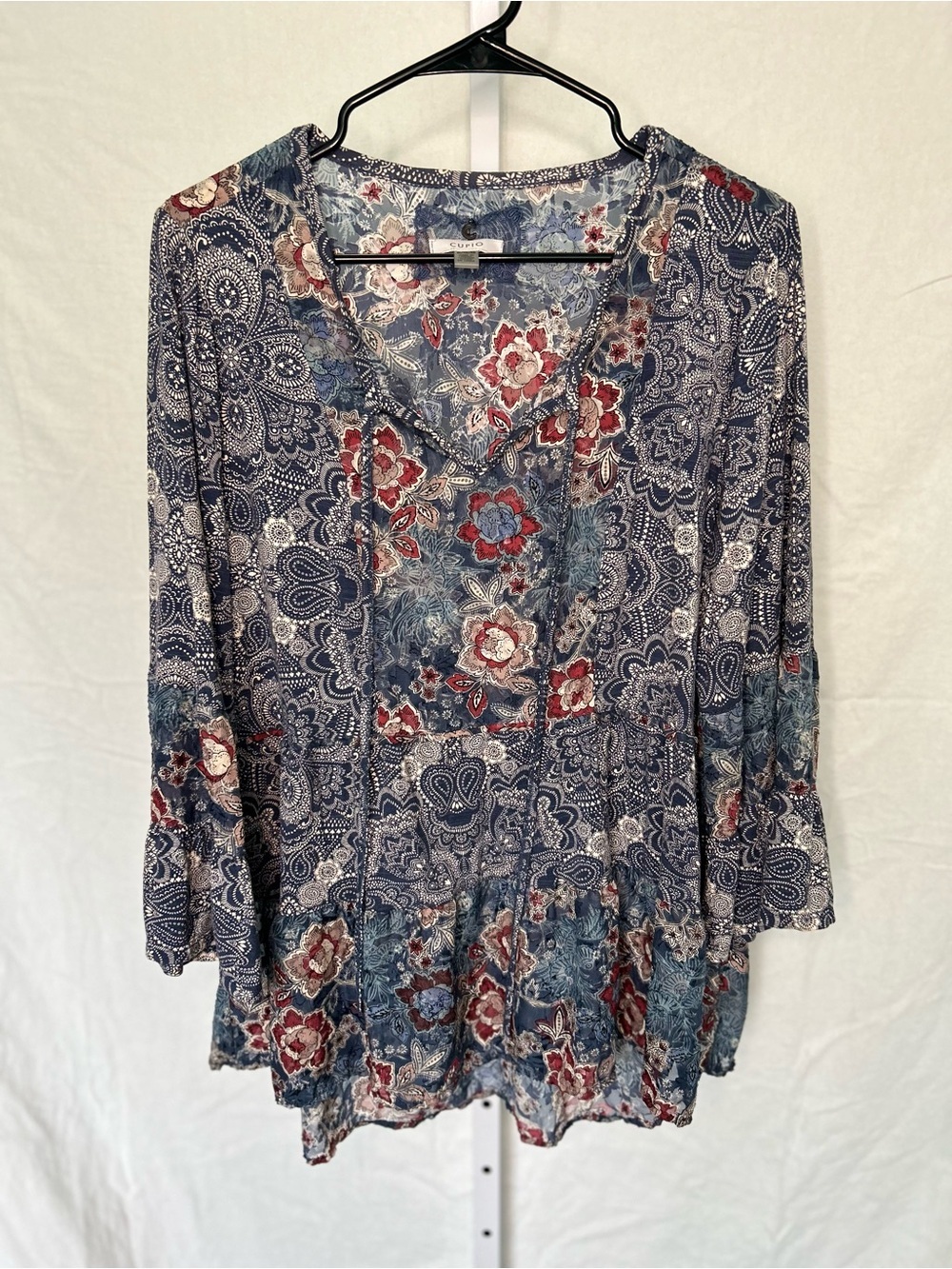 Cupio Boho Mixed Floral Paisley Split Neck Peasant Blouse 3/4 Bell Sleeve